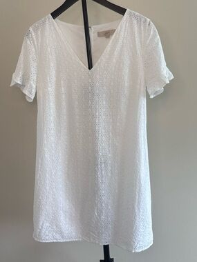 LOFT 100% Cotton White Eyelet V-Neck Dress